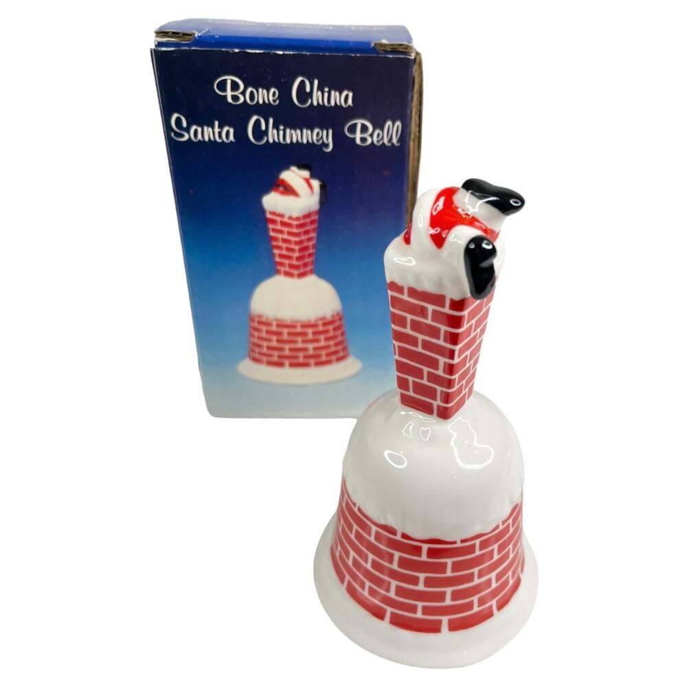 Porcelain Christmas Chimney Bell 5" Santa Chimney Figurine Decor Bone China Box
